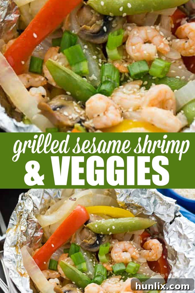 Grilled Sesame Shrimp & Veggies - This summer grilling recipe is a triple whammy - it's easy to prep, simple to cook and fast to clean up afterwards. Your family will love these individual foil packets filled with veggies, shrimp and a mouthwatering sesame sauce.