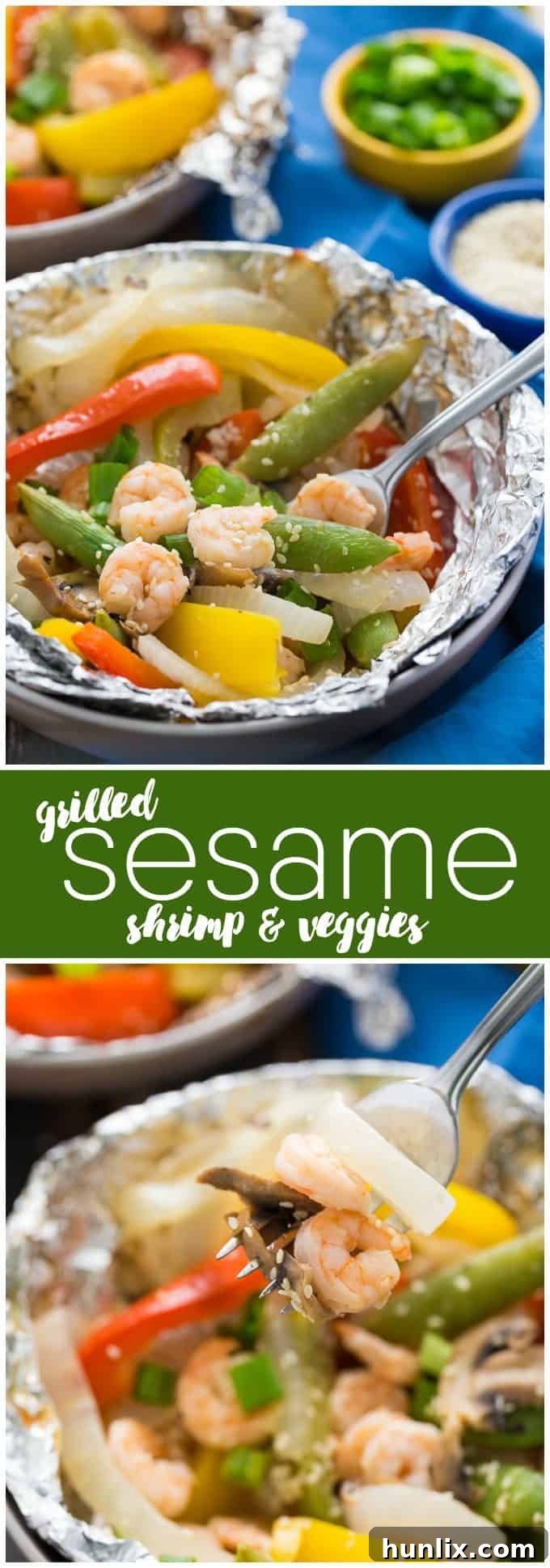 Grilled Sesame Shrimp & Veggies - This summer grilling recipe is a triple whammy - it's easy to prep, simple to cook and fast to clean up afterwards. Your family will love these individual foil packets filled with veggies, shrimp and a mouthwatering sesame sauce.