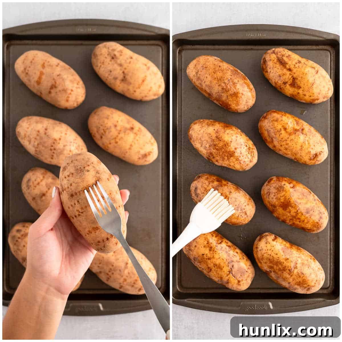 Two hands poke holes in a raw potato with a fork, a step in making chicken taco twice-baked potatoes.
