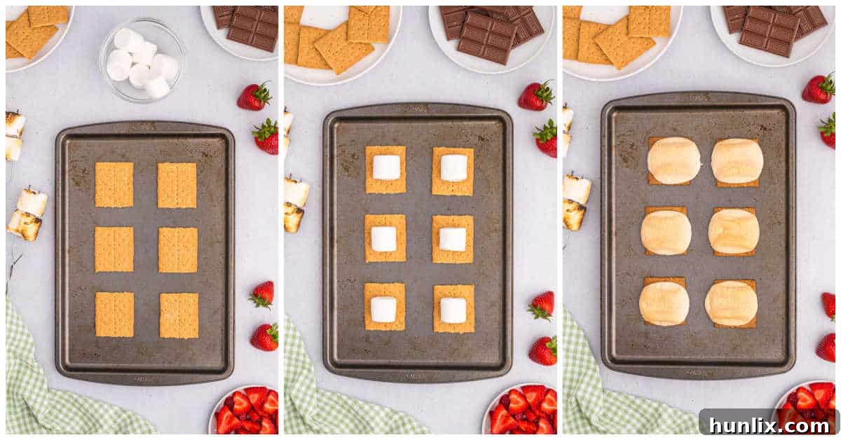 A collage showing the first steps of making strawberry s'mores: graham crackers on a baking sheet, then topped with marshmallows.