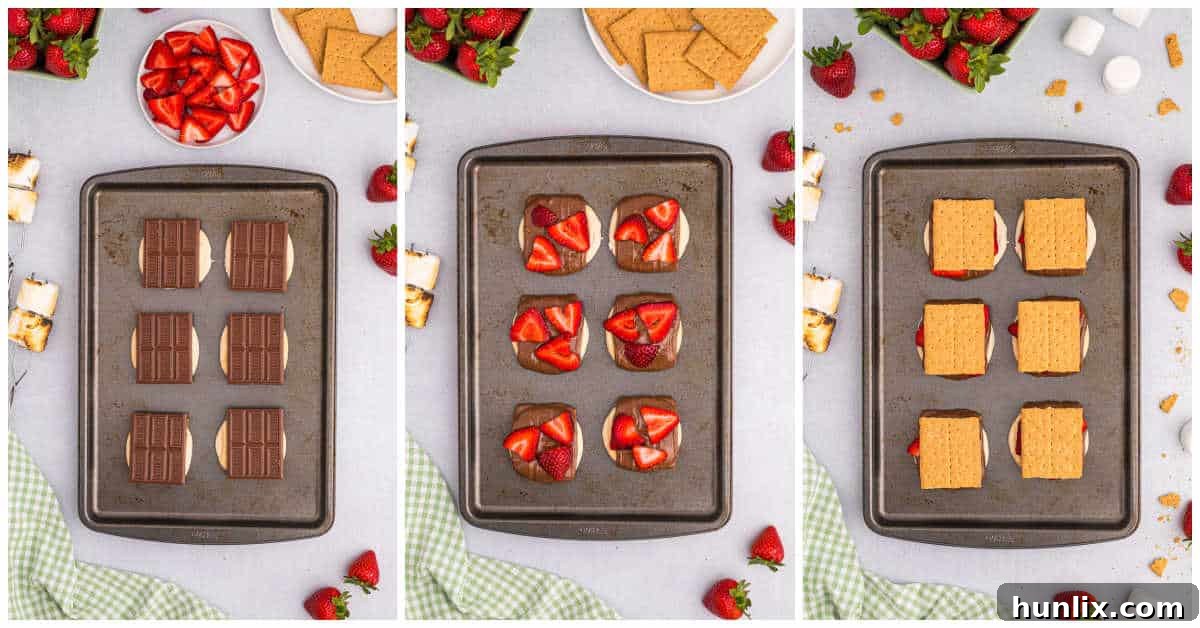 A collage showing the second steps of making strawberry s'mores: adding chocolate squares to toasted marshmallows, and then fresh strawberry slices.