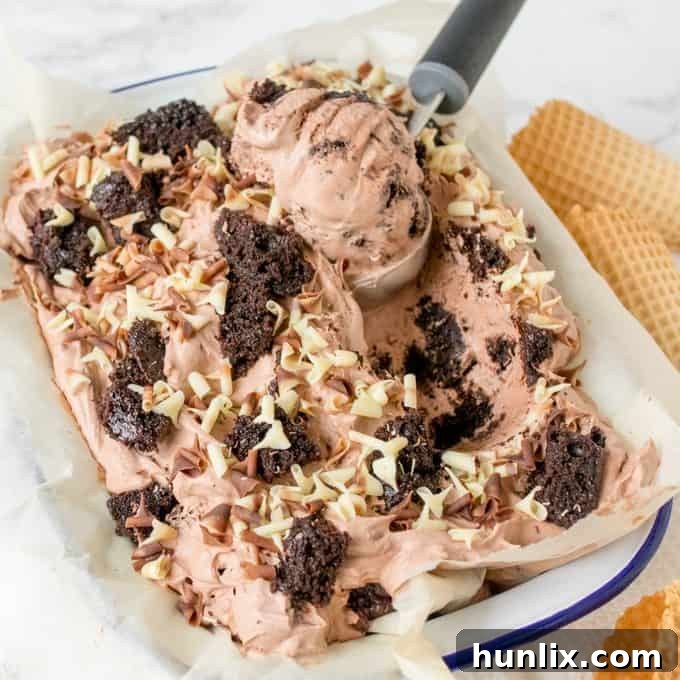 A tub of creamy chocolate cake ice cream with a scoop ready to serve.