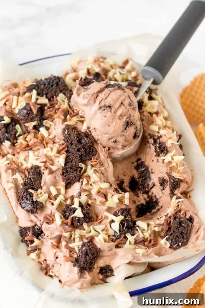A tall serving of chocolate cake ice cream in a clear glass with an ice cream scoop.
