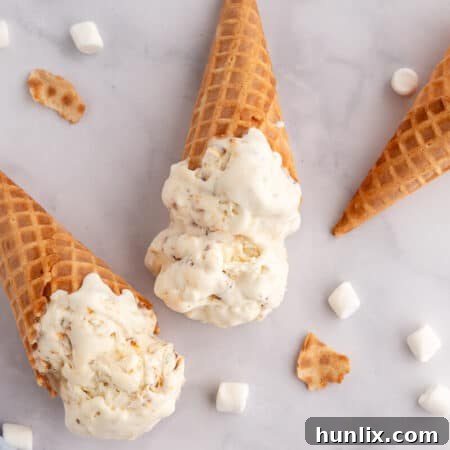 Toasted marshmallow ice cream in waffle cones.