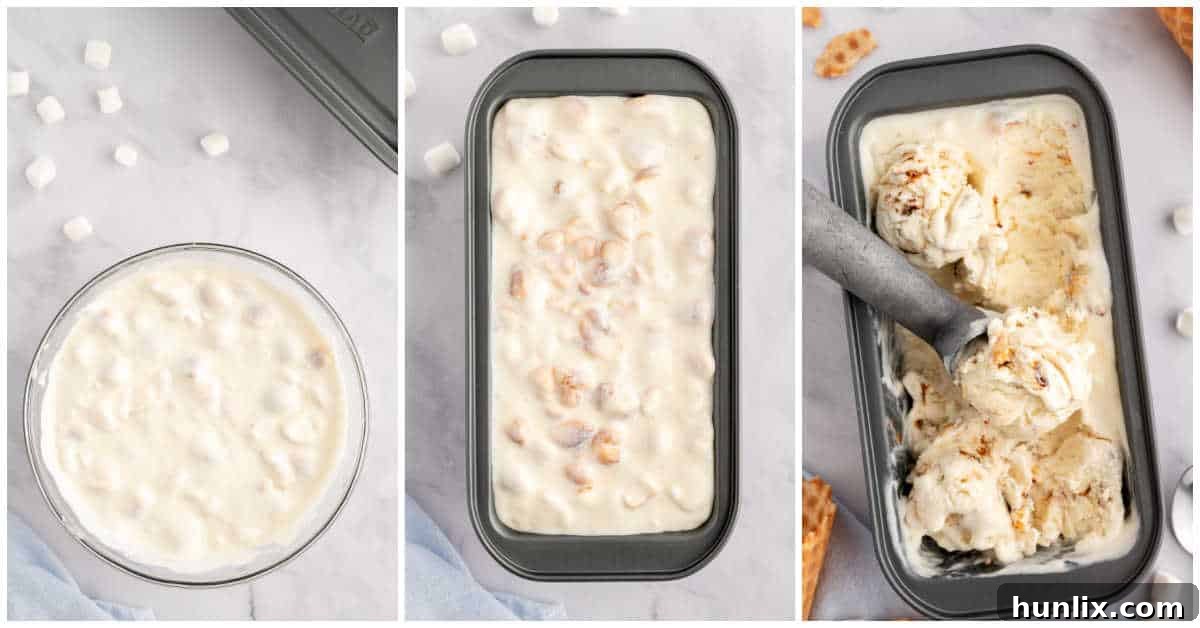 The final step of making toasted marshmallow ice cream, pouring the mixture into a freezer-safe container.
