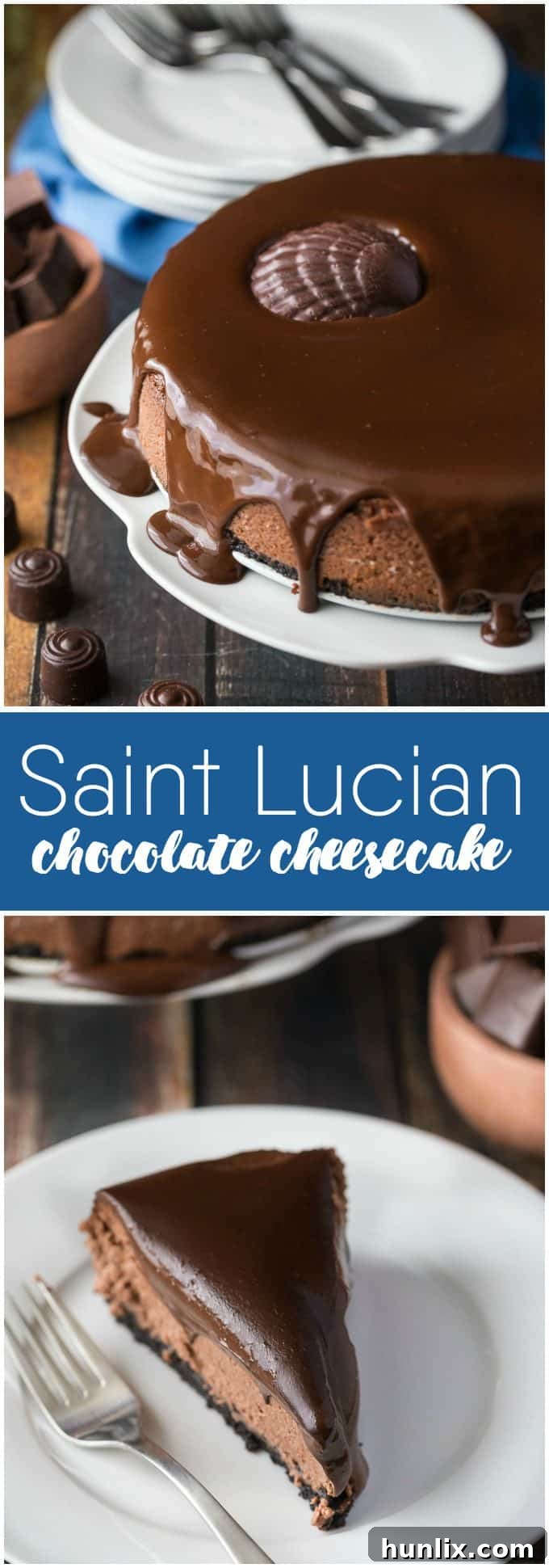 A captivating collage showcasing the beauty of Saint Lucia alongside the delectable chocolate cheesecake, inviting travelers and foodies.