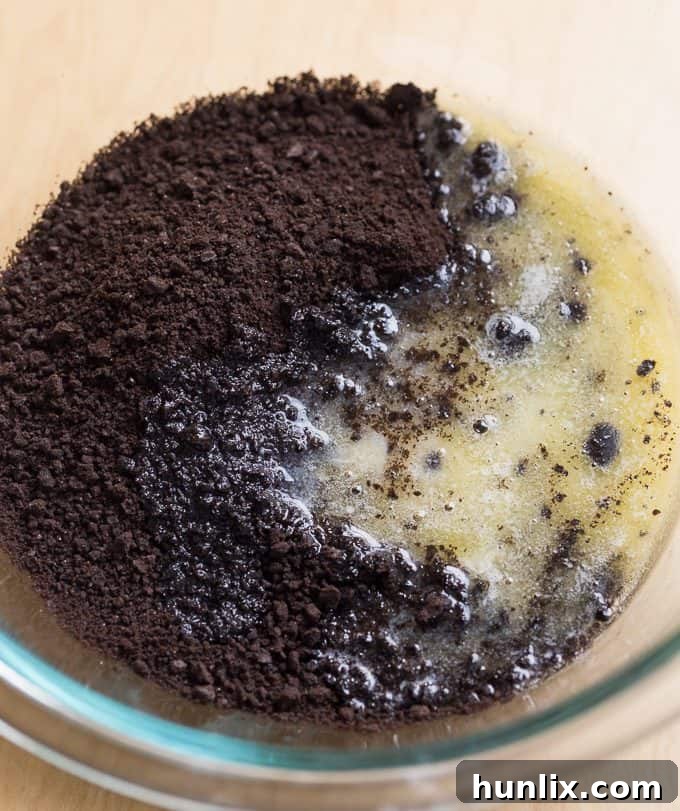 Crushed chocolate cookie crumbs mixed with melted butter, ready to form the perfect cheesecake crust in a springform pan.