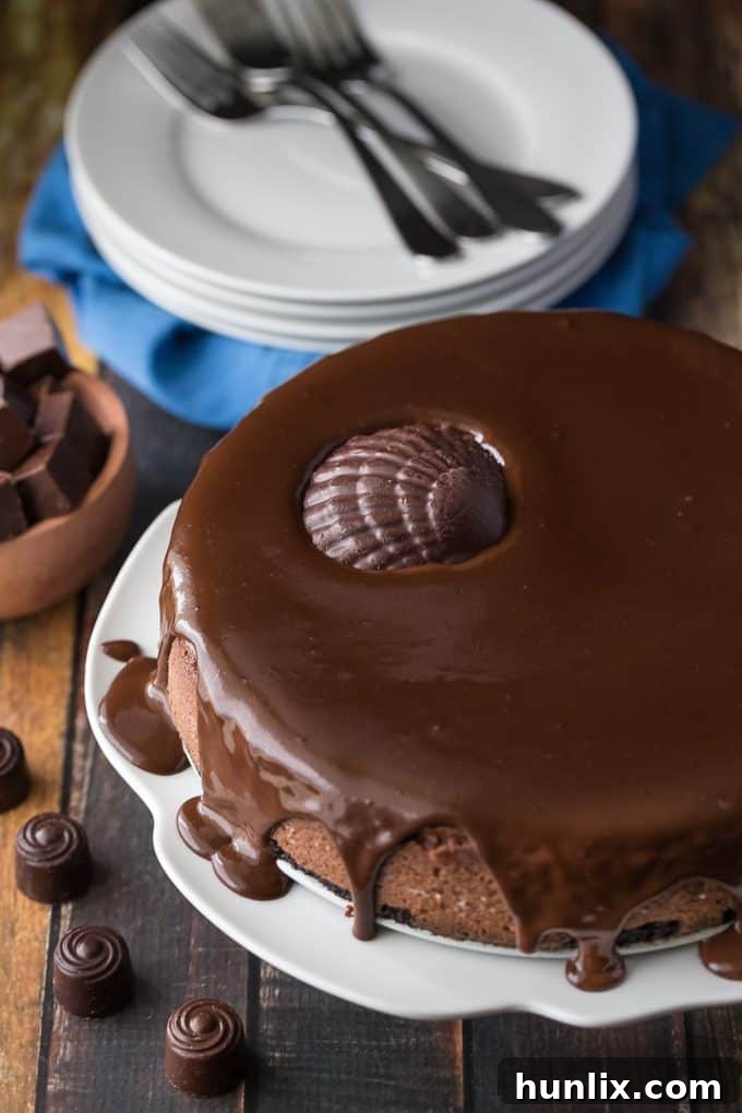 A truly decadent Saint Lucian Chocolate Cheesecake, topped with a glossy chocolate ganache, ready to serve and impress.