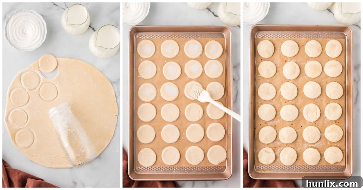 A four-panel collage showing the process of preparing pie crust rounds: unrolling dough, cutting circles, brushing with milk, and sprinkling with sugar on a baking sheet.