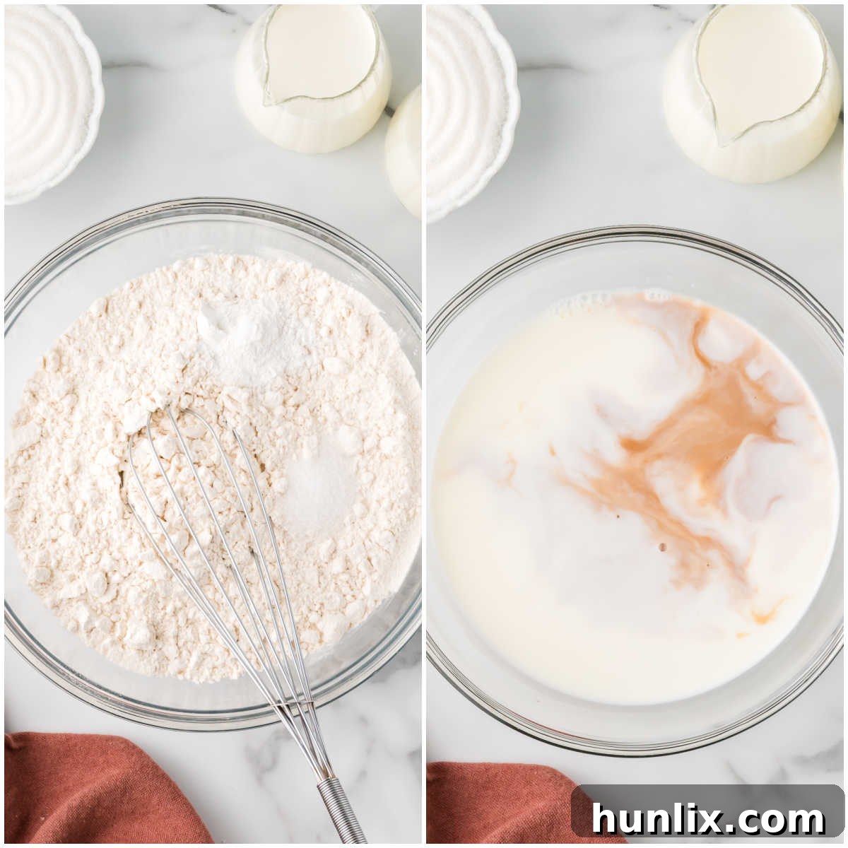 A two-panel collage showing a bowl of dry ingredients (flour, baking powder, salt) and a bowl of wet ingredients (milk, half and half, extracts) being prepared for the cupcake batter.