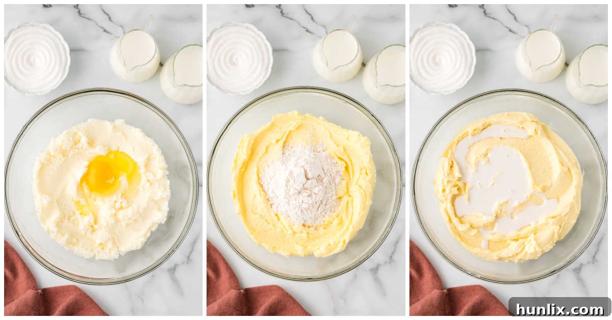 A four-panel collage illustrating the cupcake batter mixing process: adding butter and sugar, adding eggs, alternating dry and wet ingredients, and the final smooth batter.