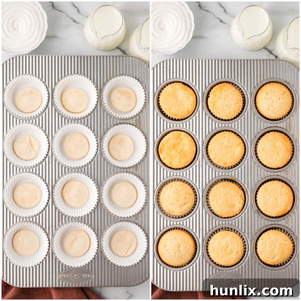 A four-panel collage demonstrating the final steps of cupcake preparation: placing pie crusts in liners, filling with batter, baking in the oven, and cooling on a rack.