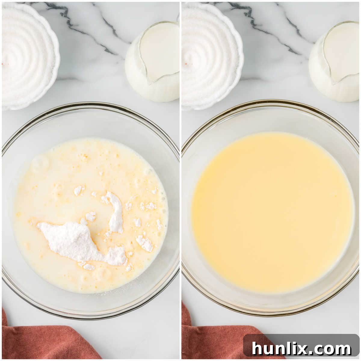 A two-panel collage showing the preparation of the coconut cream pie filling: mixing ingredients in a bowl and the finished creamy pudding.