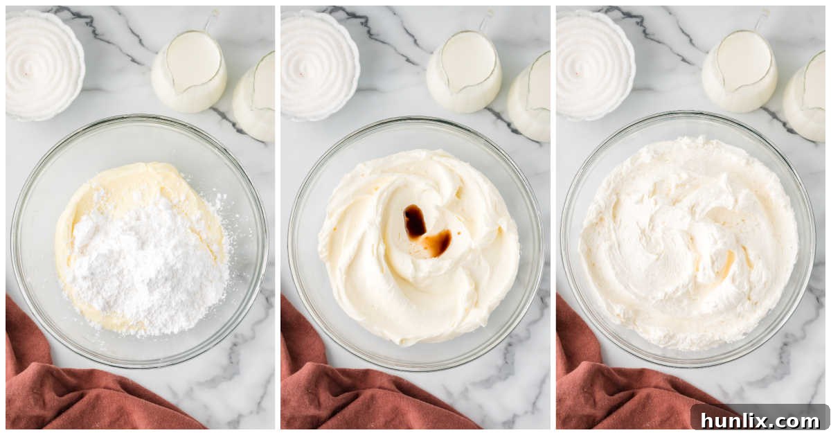 A four-panel collage depicting the process of making coconut buttercream: creaming butter, adding powdered sugar and extracts, and the final smooth, fluffy frosting.