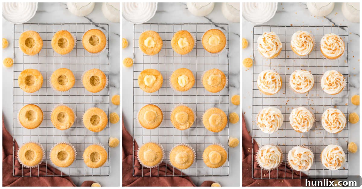 A four-panel collage illustrating the assembly of the cupcakes: coring, filling with pudding, capping with cake, and frosting with coconut buttercream.