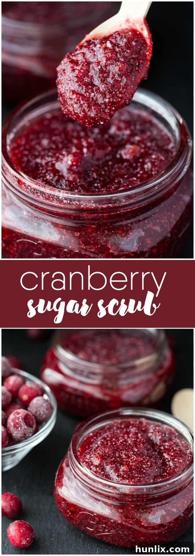 Collage showing steps and final product of Cranberry Sugar Scrub in jars, ready for use or gifting.