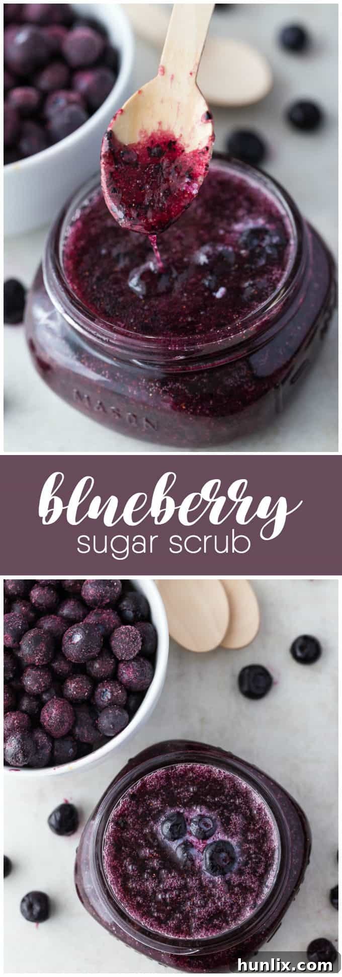 Blueberry Bliss Scrub 3 The three simple ingredients for a homemade Blueberry Sugar Scrub: blueberries, natural sugar, and coconut oil.