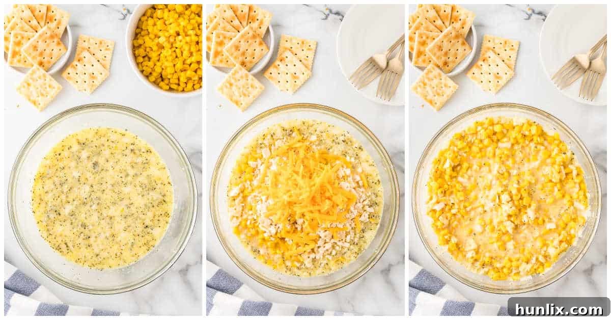 Collage showing the process of mixing ingredients in a bowl for corn casserole.