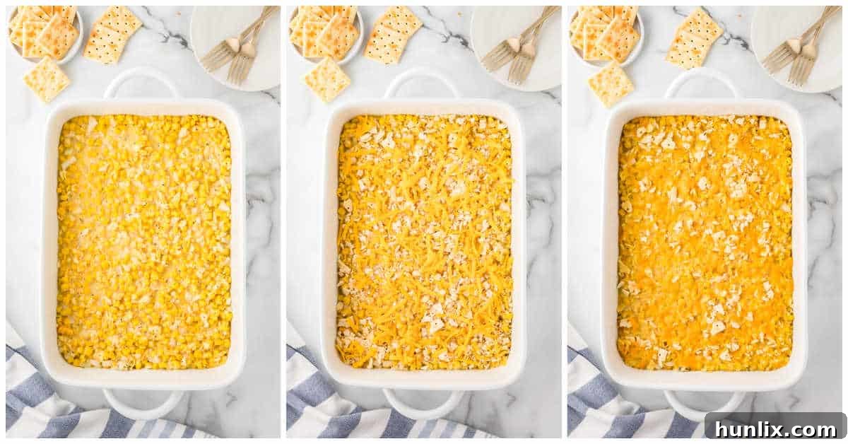 Collage showing the corn casserole mixture being poured into a pan and then baked.