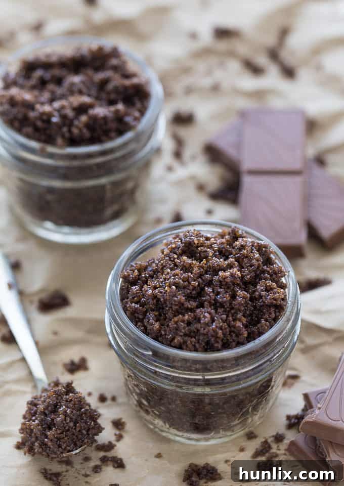 Cocoa Silk Skin Polish 2 Homemade Chocolate Sugar Scrub - A luxurious and decadent treat for your skin. Its rich cocoa aroma and exfoliating texture will leave you feeling amazing. While it's 100% edible, it's best enjoyed as a spa-like body treatment rather than a snack!