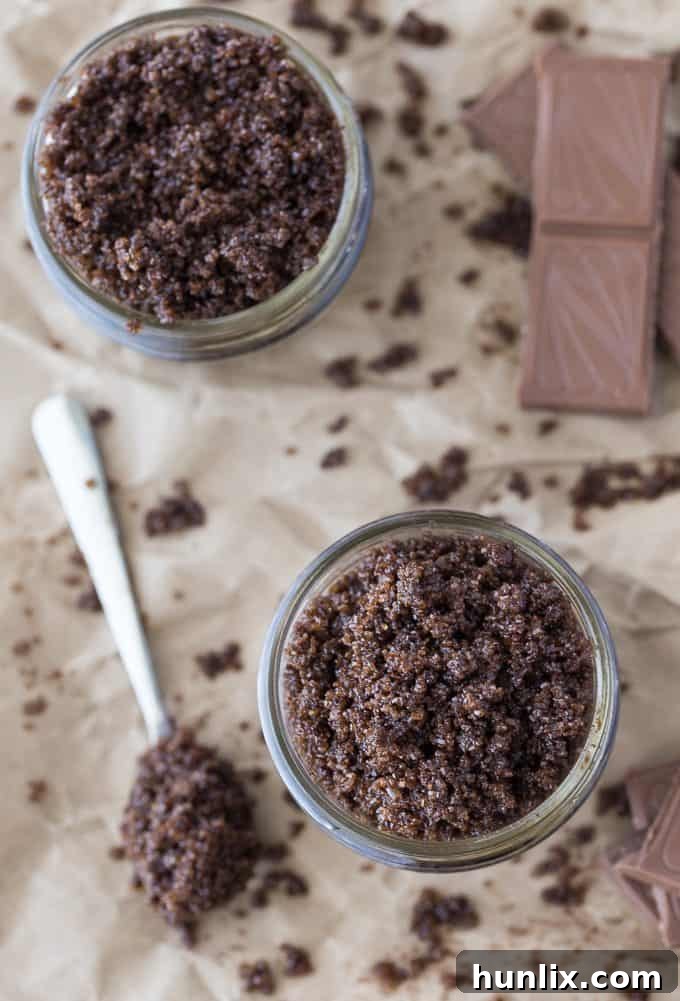 Cocoa Silk Skin Polish 4 Chocolate Sugar Scrub in a jar - A delightful gift idea for chocolate lovers and anyone needing a pampering treat. Present it beautifully with twine and a personalized label.