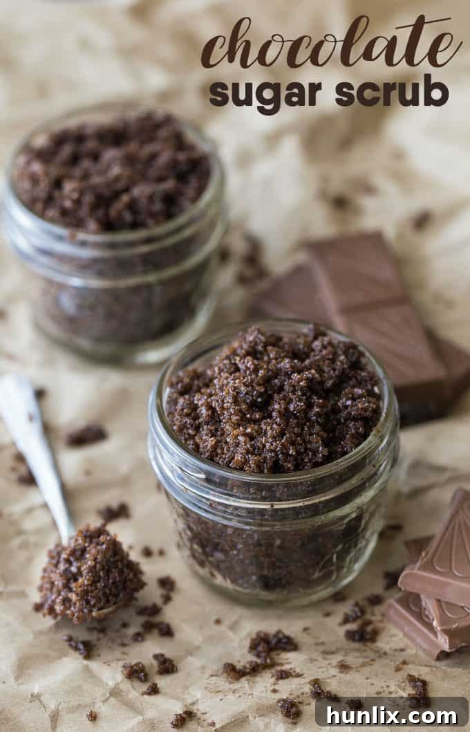 Cocoa Silk Skin Polish 6 Chocolate Sugar Scrub in a jar with text overlay: 'Chocolate Sugar Scrub - Luxurious and decadent! You may be tempted to eat this sweet scrub, but resist if you can. It feels amazing on your skin.'