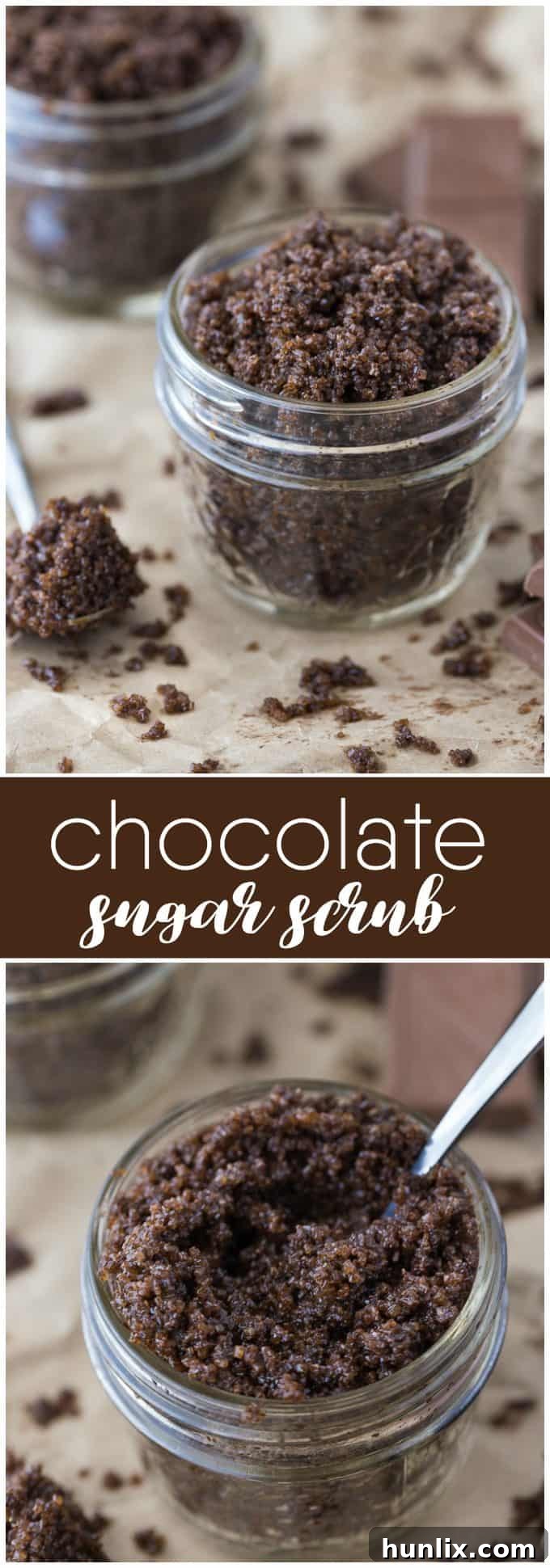 Cocoa Silk Skin Polish 7 Chocolate Sugar Scrub ingredient collage - Featuring natural raw sugar, cocoa powder, and melted coconut oil, highlighting the simple yet effective ingredients for this homemade body scrub.