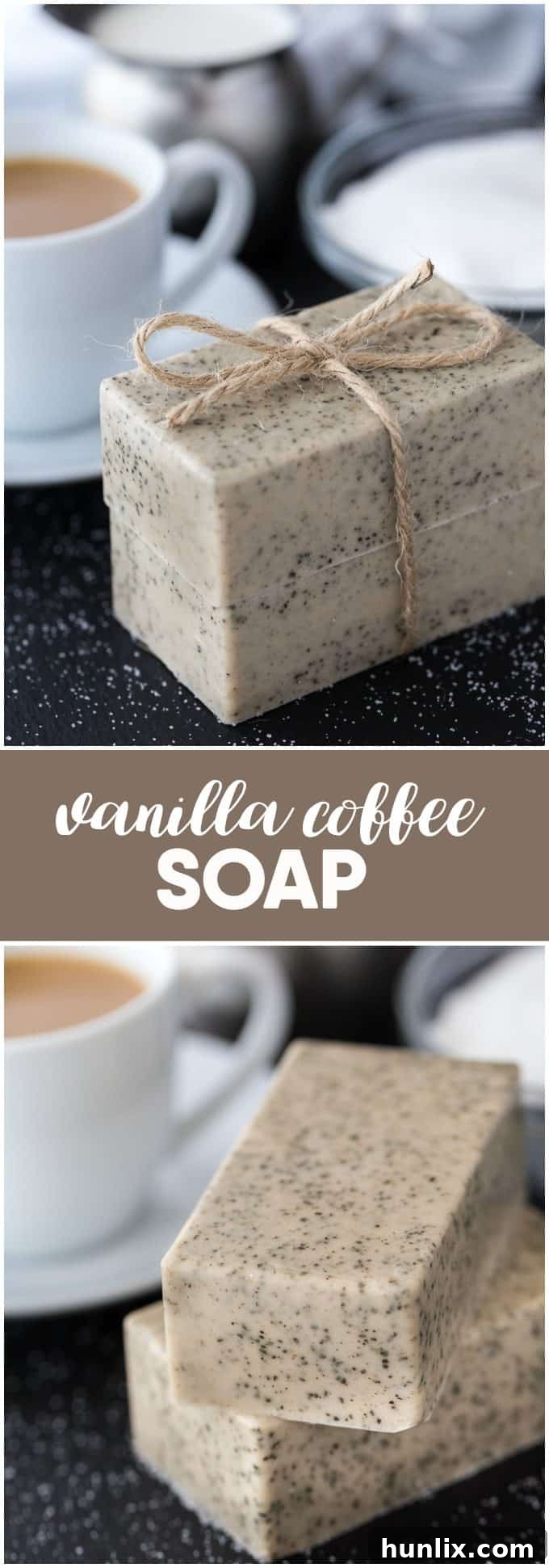 Collage of Vanilla Coffee Soap images, showing ingredients, soap bars, and flecks of coffee for an enticing visual.