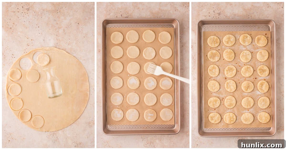 A visual step-by-step guide illustrating the process of preparing the pie crust bases, from cutting the dough to sprinkling with sugar and par-baking.
