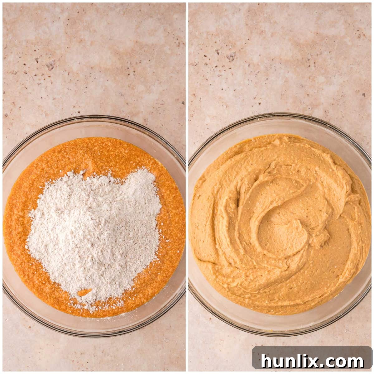 A collage illustrating the process of gradually folding the dry ingredients into the wet pumpkin cupcake batter, ensuring a smooth and lump-free mixture.