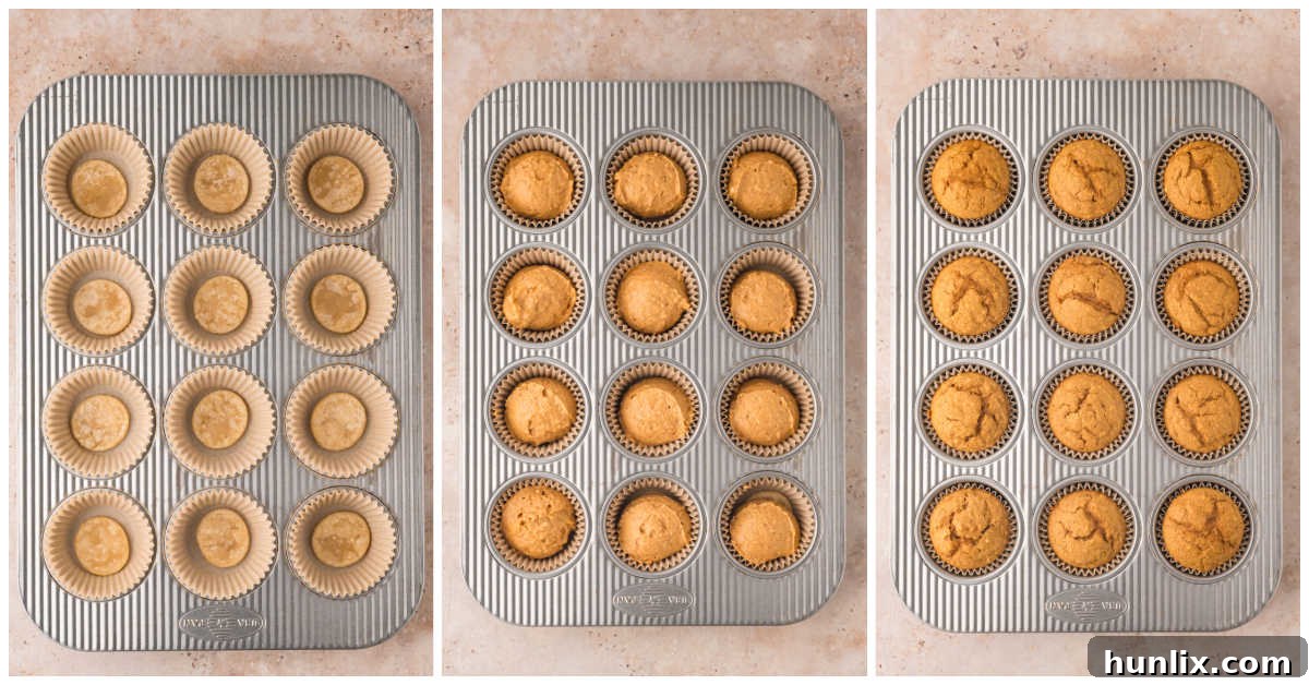 A three-panel collage showcasing the cupcakes baking in the muffin tin, from the raw batter to the perfectly golden-brown finished product.