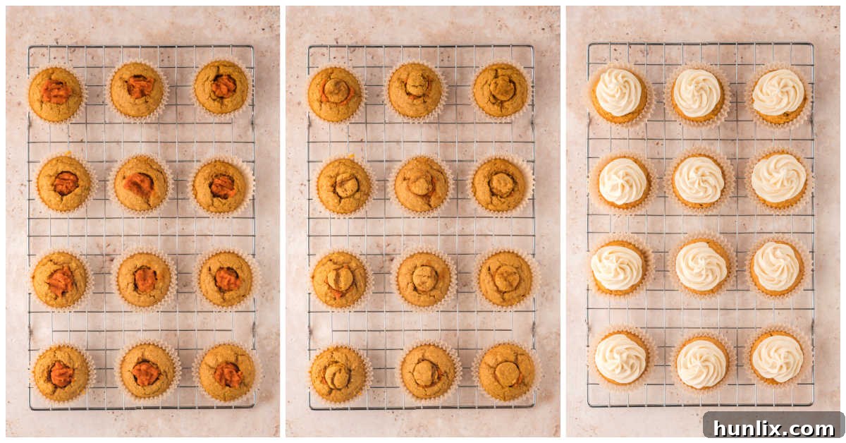 A detailed collage showcasing the final assembly steps of the Pumpkin Pie Cupcakes, from coring and filling to topping with a beautiful swirl of frosting.
