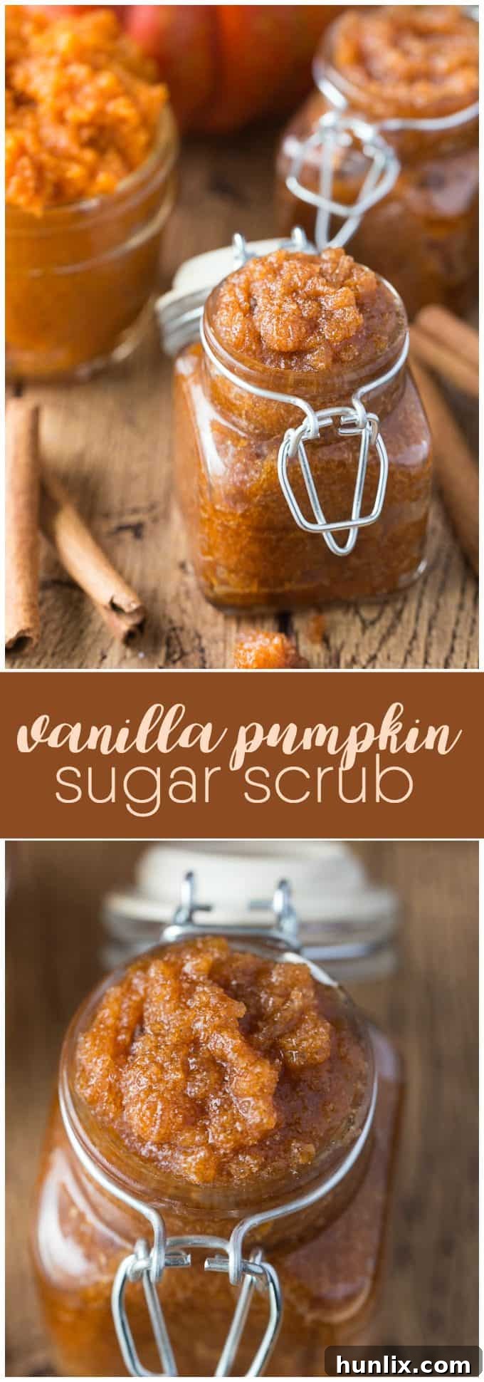 Collage of Vanilla Pumpkin Sugar Scrub images, showcasing ingredients and finished product.