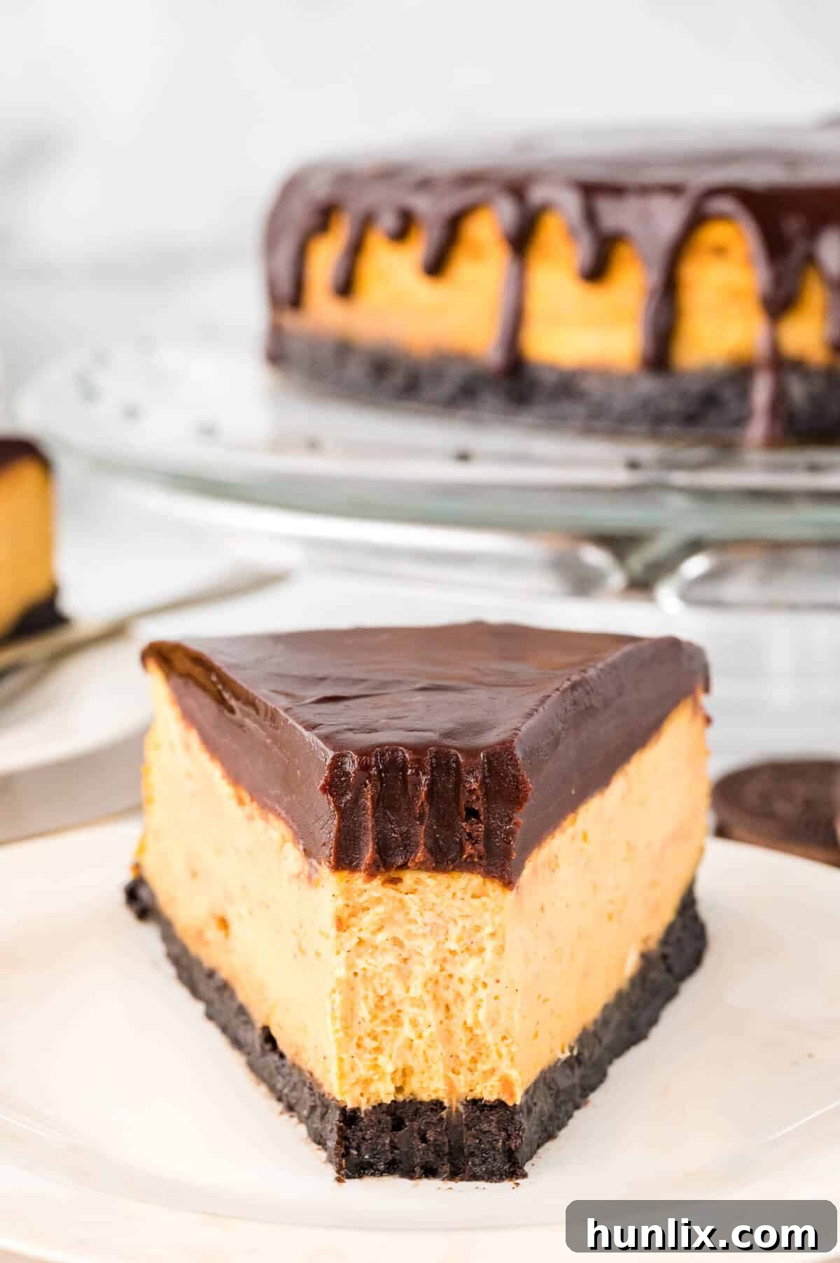 A slice of chocolate pumpkin cheesecake on a plate with a portion missing, suggesting a delicious taste test.