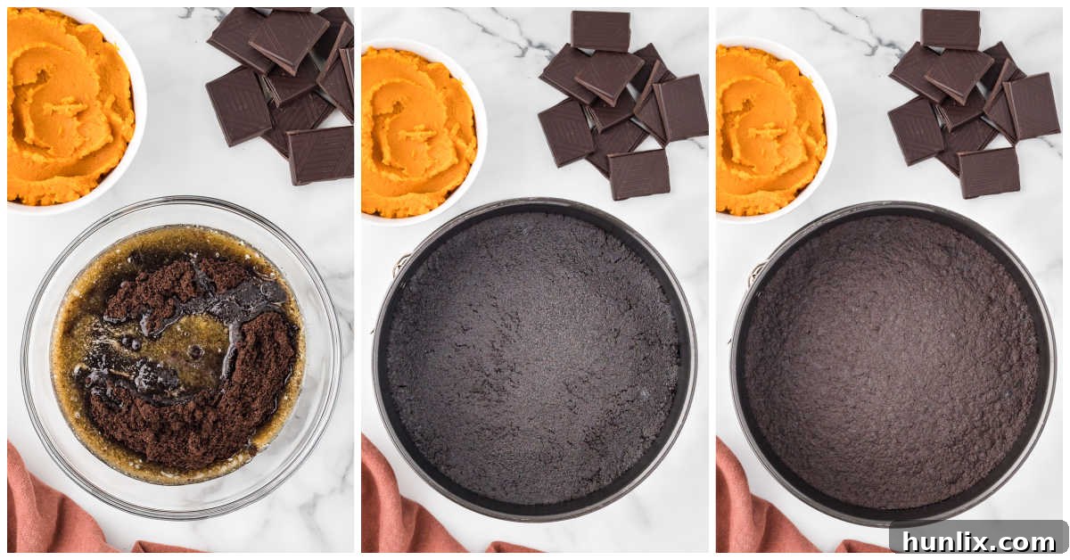 Illustrated steps for preparing the chocolate cookie crust for the chocolate pumpkin cheesecake.