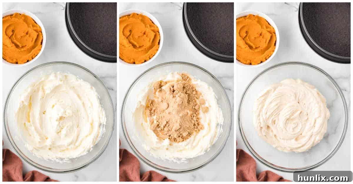 The initial steps of blending cream cheese and brown sugar for the pumpkin cheesecake filling.