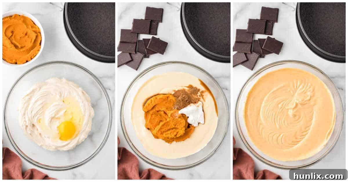 Adding pumpkin puree and spices to the cheesecake batter for the chocolate pumpkin cheesecake.