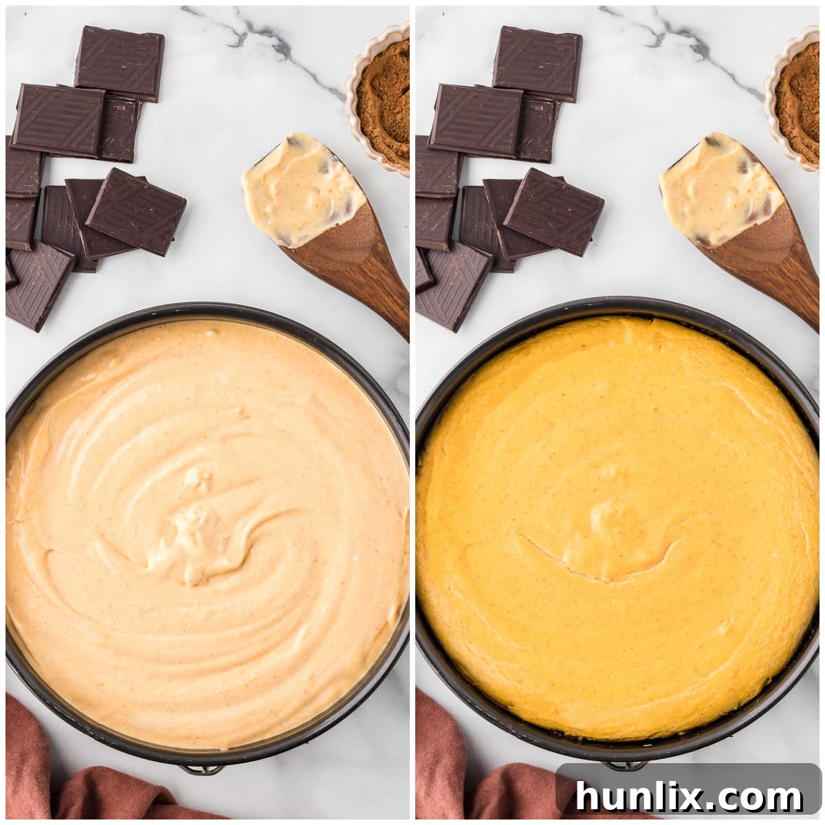 The pumpkin cheesecake after baking, cooling on a wire rack in its springform pan.