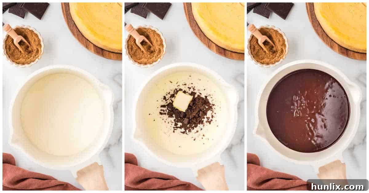 Steps for making chocolate ganache, showing hot cream over chopped dark chocolate and butter.