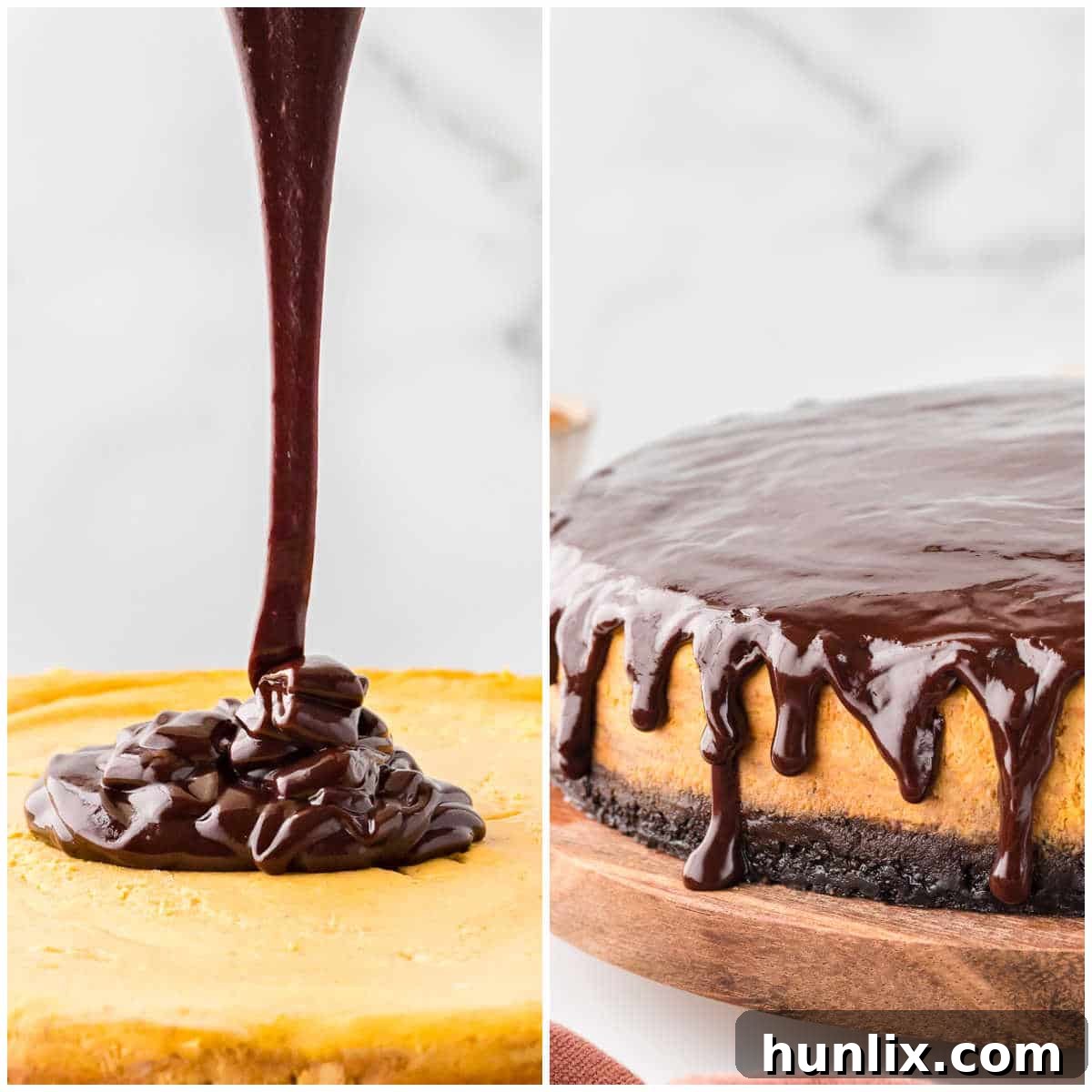 Chocolate ganache being poured over the chilled pumpkin cheesecake, creating a smooth, glossy top.