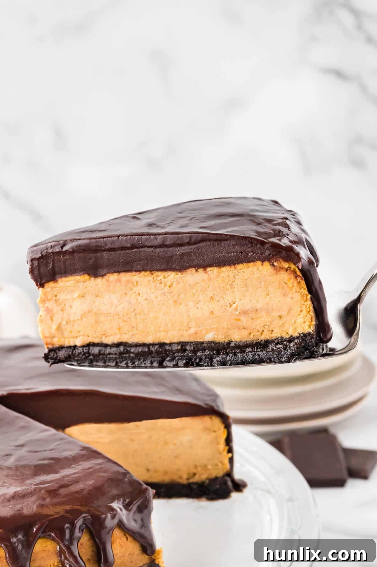 A pristine slice of chocolate pumpkin cheesecake carefully lifted on a spatula, showcasing its layers.