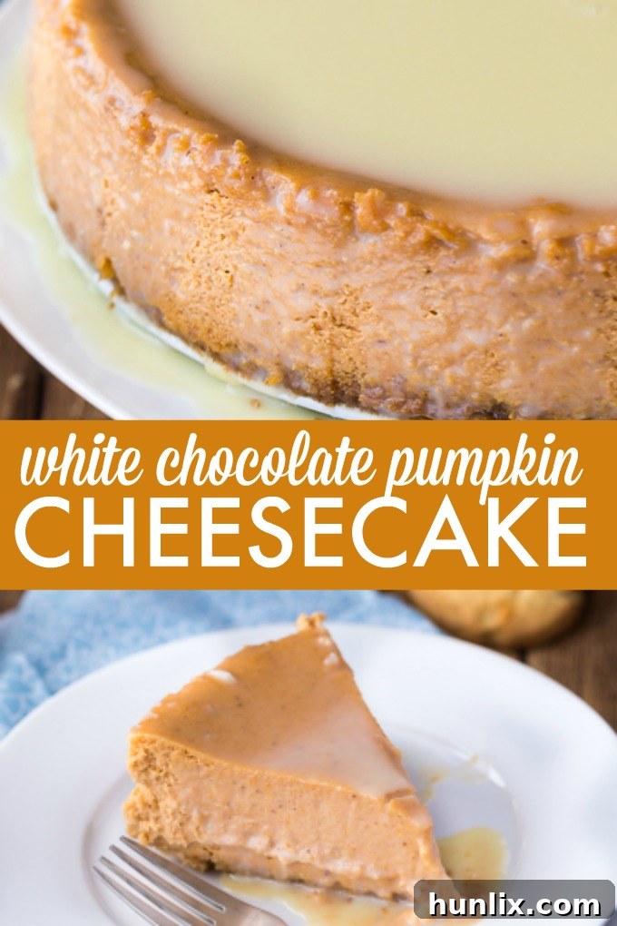 A collage of images showcasing the white chocolate pumpkin cheesecake from different angles, highlighting its creamy texture and inviting appearance.