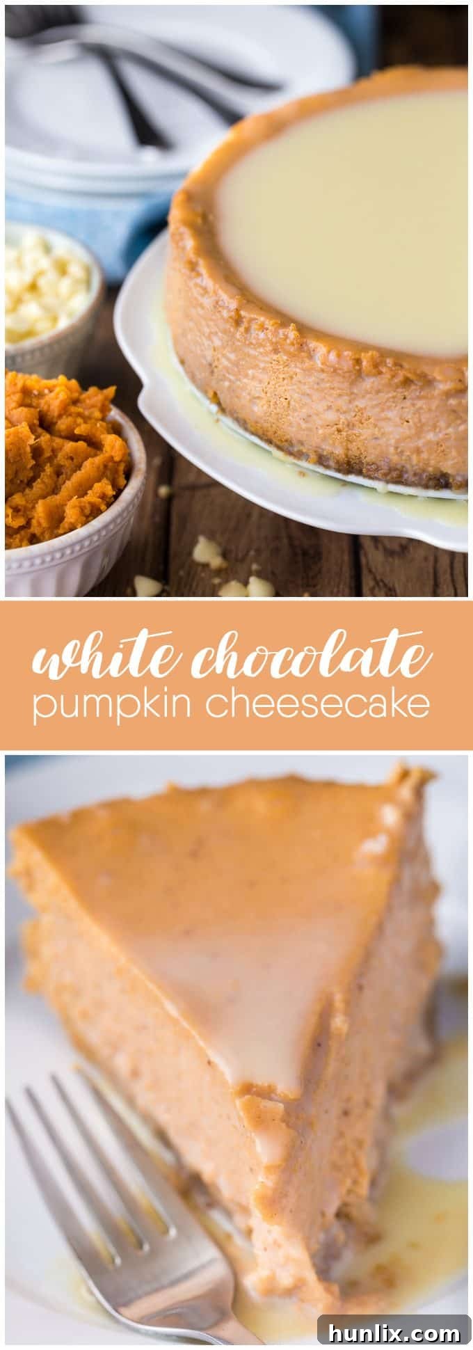 A final, appealing shot of the white chocolate pumpkin cheesecake, artfully garnished and ready to be enjoyed as a perfect fall and holiday dessert.