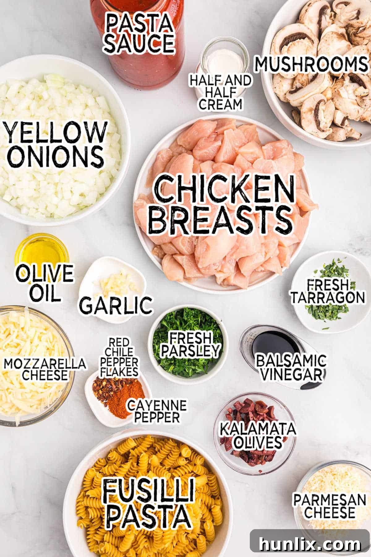 Baked Chicken with Tarragon Pasta 3 All the fresh ingredients laid out for making baked chicken and tarragon pasta.