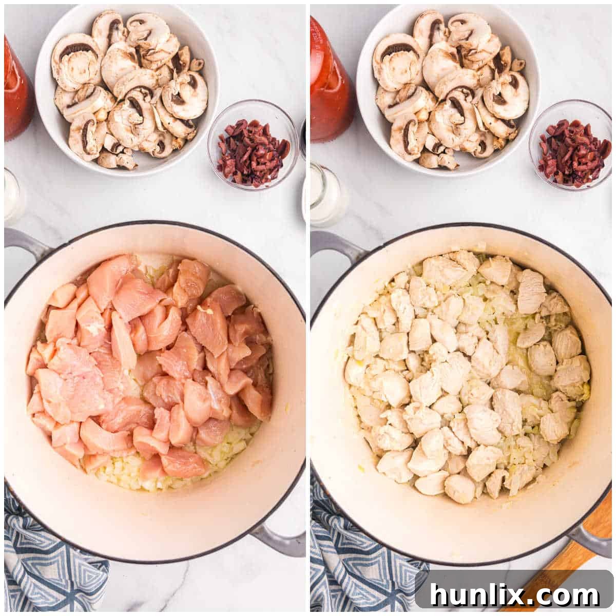 Baked Chicken with Tarragon Pasta 4 First step of making Baked Chicken and Tarragon Pasta: sautéing chicken, onions, and garlic.
