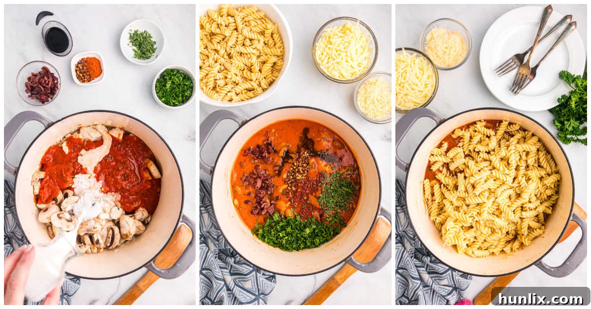 Baked Chicken with Tarragon Pasta 5 Second step of making Baked Chicken and Tarragon Pasta: simmering the sauce with herbs and spices.