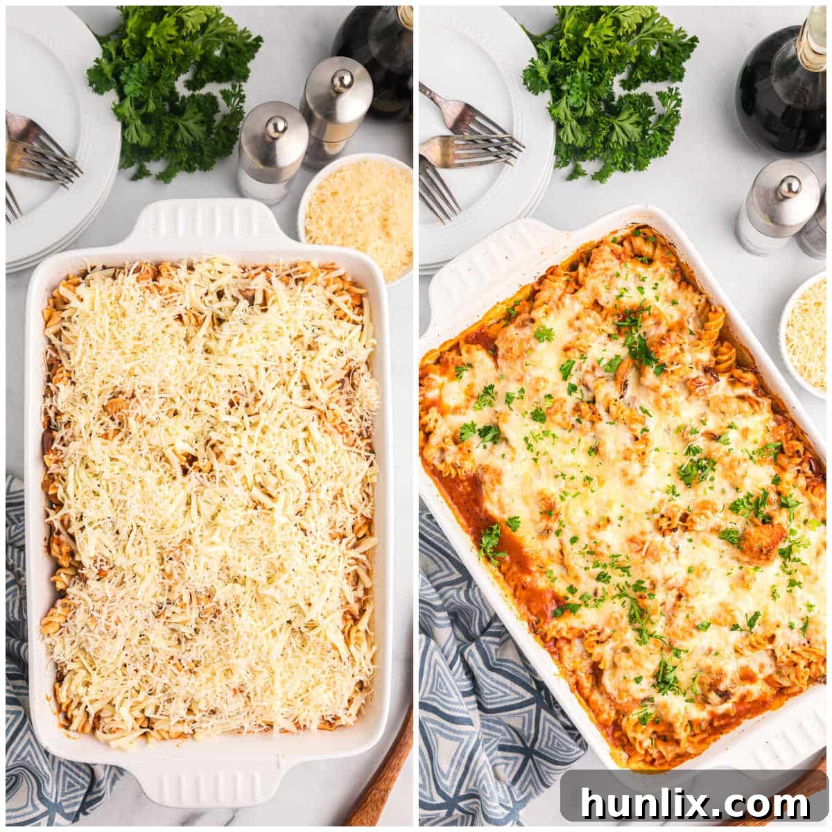 Baked Chicken with Tarragon Pasta 6 Final steps to making Baked Chicken and Tarragon Pasta: assembling the casserole dish with pasta and cheese.