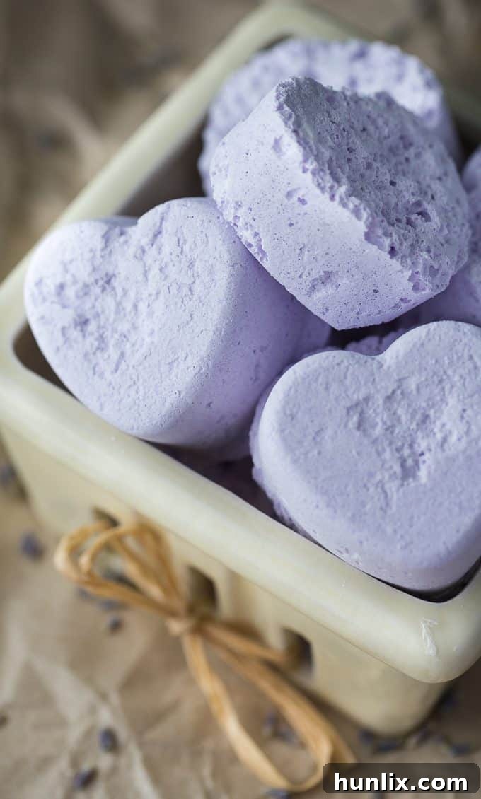Calming Lavender Bath Fizzers 2 Homemade Lavender Heart Bath Bombs – perfect for a relaxing bath, easy to make, and great for gifting.