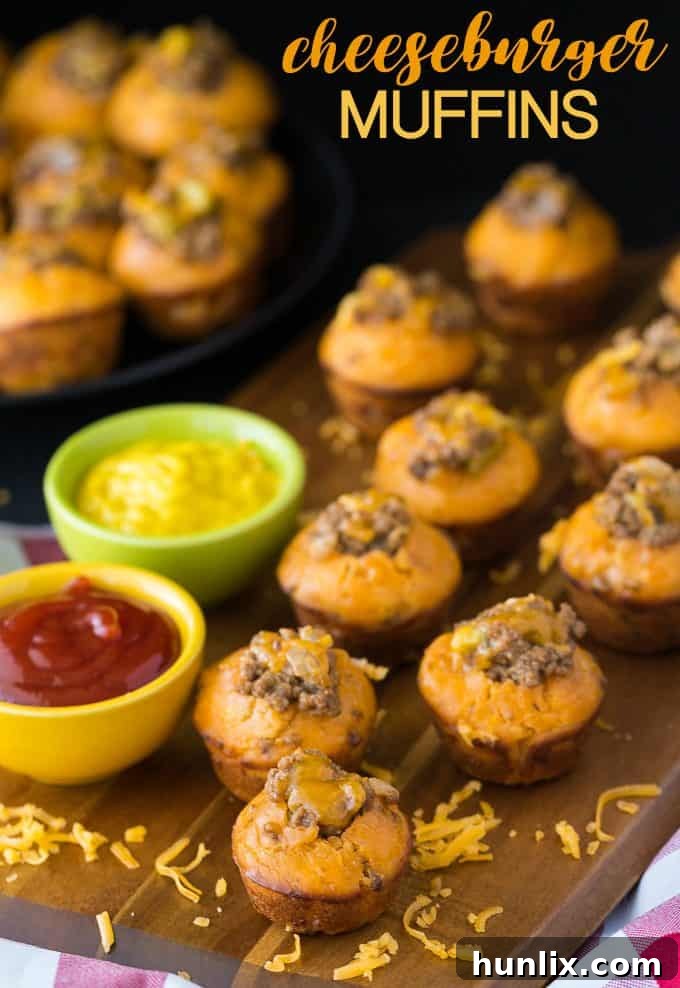 Cheeseburger Bites 14 Cheeseburger Muffins artfully arranged on a wooden board with appealing text overlay.