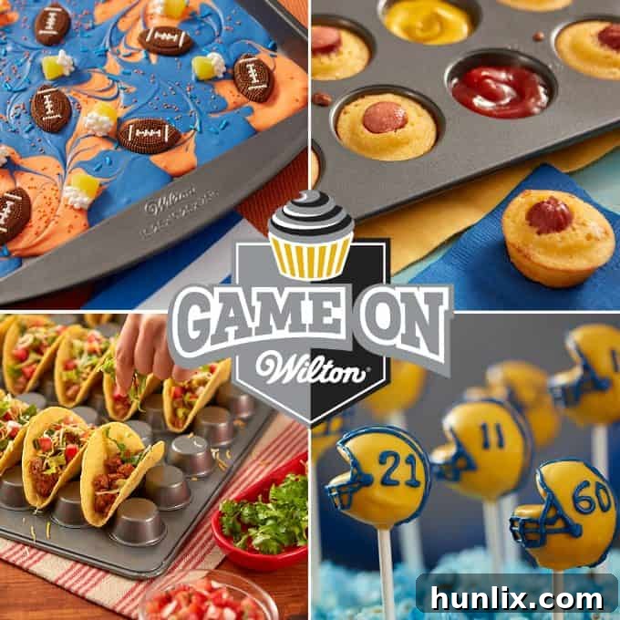 Cheeseburger Bites 16 A 'Game On' themed promotional image featuring cheeseburger muffins and a Wilton product.